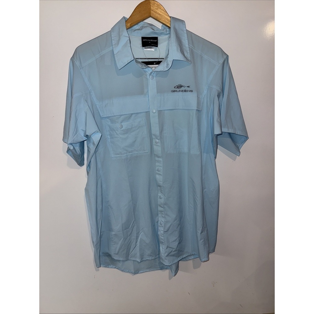 Grundens Shirt Mens Large Blue Short Sleeve Fishing Outdoor Snap Button Pocket *